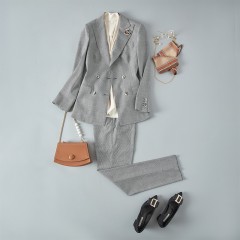 灰色经典格女士知性纯色职业西装套装女2022秋装新款时尚工作服西服外套