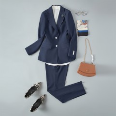 藏青色乱麻女士知性纯色职业西装套装女2022秋装新款时尚工作服西服外套