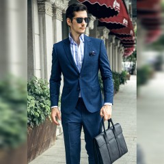 男西服套装宝蓝色格子男商务休闲韩版修身职业正装婚礼西装两件套