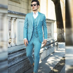 新郎结婚礼服男士西服套装婚礼高级感浅蓝色韩潮时尚正装高端男西装
