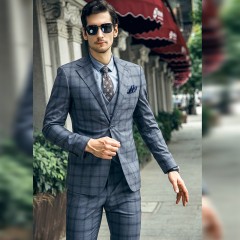 西服套装灰色格子男士修身商务正装上班西装职业伴郎服新郎结婚礼服秋