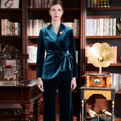 红色丝绒西服套装2022秋季新款韩版时尚女系带西装外套