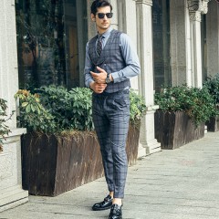 西服套装灰色格子男士修身商务正装上班西装职业伴郎服新郎结婚礼服秋