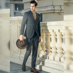 西服套装灰色条纹男士修身商务正装上班西装职业装