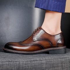 春季新款男士皮鞋男真皮商务休闲软底男皮鞋手工英伦风布洛克婚鞋